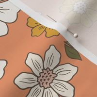 XL Retro Flowers – Boho Floral, 1960s and 1970's Floral, mustard pink and orange (24" repeat- flw14)