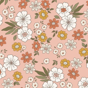 XL Retro Flowers – 1960s and 1970's Floral, mustard pink and orange flowers (24" repeat- flw18)