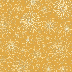 XL Mustard Retro Flowers – 1960s and 1970's Floral, mustard gold yellow (24" repeat- flw17)