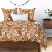 XL Retro Flowers – 1960s and 1970's Floral, mustard pink and orange on brown linen  (24" repeat- flw6)