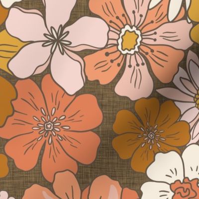 XL Retro Flowers – 1960s and 1970's Floral, mustard pink and orange on brown linen  (24" repeat- flw6)