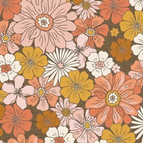 XL Retro Flowers – 1960s and 1970's Floral, mustard pink and orange on brown linen  (24" repeat- flw6)