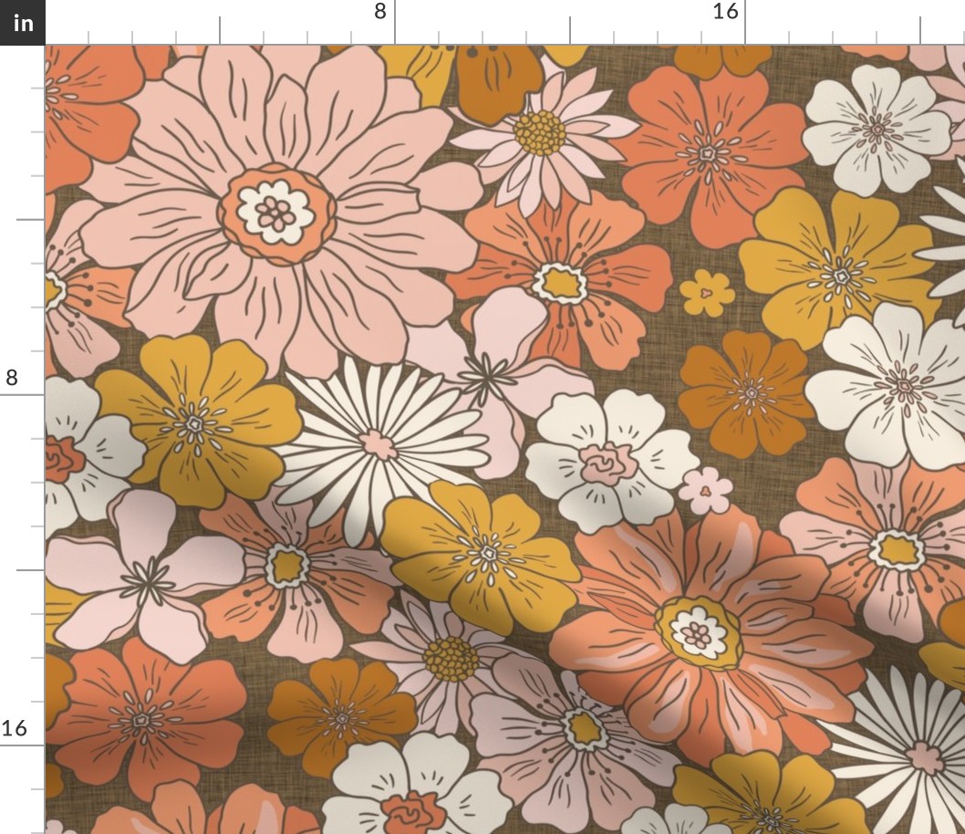 XL Retro Flowers – 1960s and 1970's Floral, mustard pink and orange on brown linen  (24" repeat- flw6)