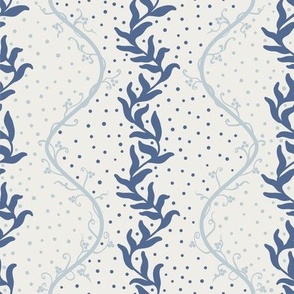 Soft blue and white wavy vine stripe pattern