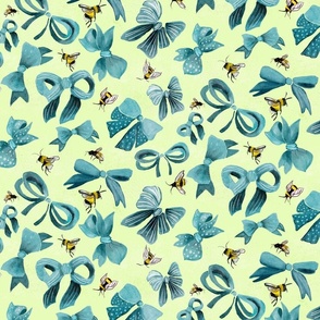 Blue Bows and Honey Bees, vintage inspired, yellow and blue, retro