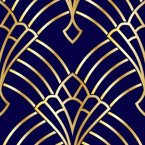 art deco shell fans rays in gold on dark blue