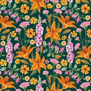 Floral With Orange Lily, Pink Gladiolus, Fuchsia, Thunbergia,  Primroses and Carnations Green Background