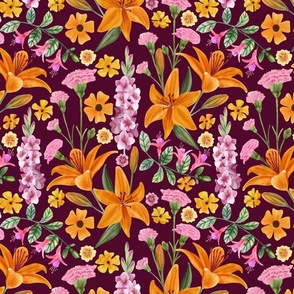 Floral With Orange Lily, Pink Gladiolus, Fuchsia, Thunbergia,  Primroses and Carnations Burgundy Background