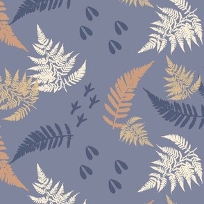 forest ferns and footprints on light blue