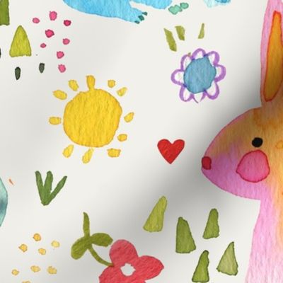 Easter Forest in spring - Colorful bunnies and rabbits floral - Multicolor White - Jumbo Large