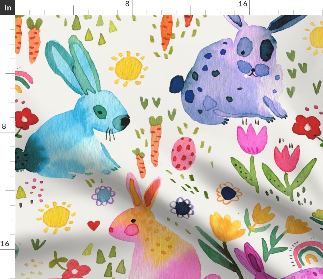 Easter Forest in spring - Colorful bunnies and rabbits floral - Multicolor White - Jumbo Large