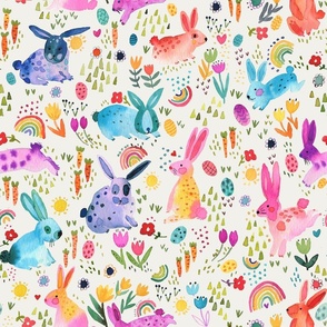 Easter Forest in spring - Colorful bunnies and rabbits floral - Multicolor White - Medium