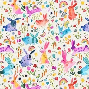 Easter Forest in spring - Nursery colorful bunny and rabbit floral - Multicolor easter White - Micro