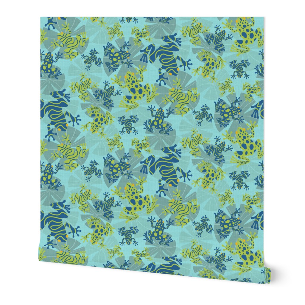 Playful Green and Blue Frogs Frolicking Across a Canvas of Overlapping Gray Lily Pads on a Light Blue Background