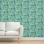 Playful Green and Blue Frogs Frolicking Across a Canvas of Overlapping Gray Lily Pads on a Light Blue Background