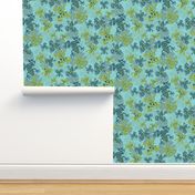 Playful Green and Blue Frogs Frolicking Across a Canvas of Overlapping Gray Lily Pads on a Light Blue Background