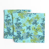 Playful Green and Blue Frogs Frolicking Across a Canvas of Overlapping Gray Lily Pads on a Light Blue Background