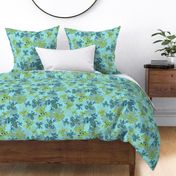 Playful Green and Blue Frogs Frolicking Across a Canvas of Overlapping Gray Lily Pads on a Light Blue Background