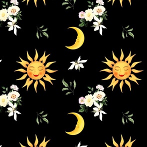 Sun,half moon,summer,flowers 