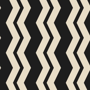 Medium trippy chevron vertical stripe in noir black on textured linen beige. 