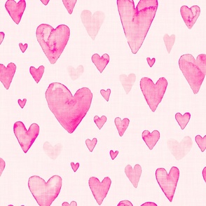 Hand-painted bubblegum pink hand drawn watercolor hearts  with linen texture (jumbo/ extra large scale)
