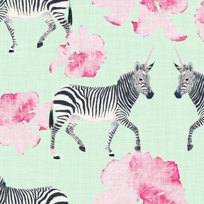 Painterly Zebras and Pink Peonies in watercolor on mint green with linen texture (extra large/ jumbo) scale) 
