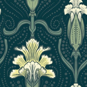 Cream and Yellow Carnation Flower and Bud, Medium Scale, Dark Green Background, dot details,Art Nouveau, Arts and Crafts, Traditional Floral Wallpaper, Upholstery