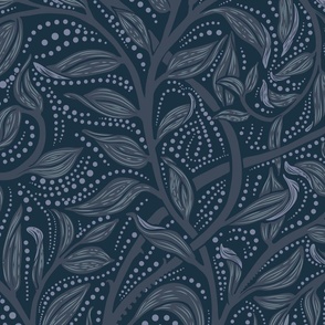 Trailing Leaf Navy, Large Scale, Arts and Crafts, William Morris inspired, Blue leaves, Vines, Dot details, Navy Background, Wallpaper, Home decor, upholstery