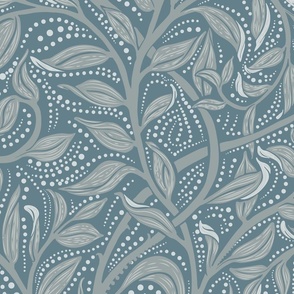 Trailing Leaf Warm Gray, Large Scale, Arts and Crafts, William Morris inspired, Blue leaves, Vines, Dot details, Neutral Gray Background, Wallpaper, Home decor, upholstery