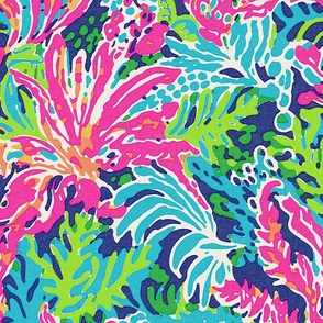 Tropical Flowers on Navy Background Vibrant Pink, Orange and Greens