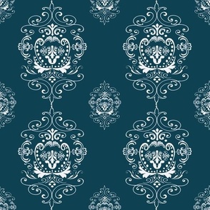 Damask  White on Dark Teal