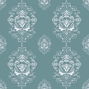 Damask White on Dusty Green