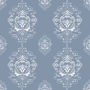 Damask White on Blue Gray