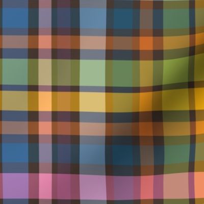 Large scale Pretty tartan plaid checkers in warm pinks, denim blues, mustard and green - for apparel, home décor, wallpaper, tablecloths, duvet covers and curtains.