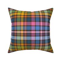 Large scale Pretty tartan plaid checkers in warm pinks, denim blues, mustard and green - for apparel, home décor, wallpaper, tablecloths, duvet covers and curtains.