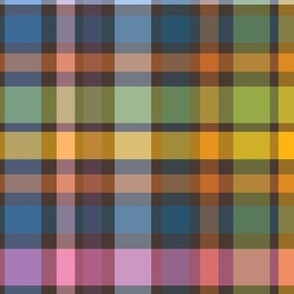 Large scale Pretty tartan plaid checkers in warm pinks, denim blues, mustard and green - for apparel, home décor, wallpaper, tablecloths, duvet covers and curtains.