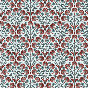 Art Deco Carnations in red and turquoise, turkish iznik, small scale
