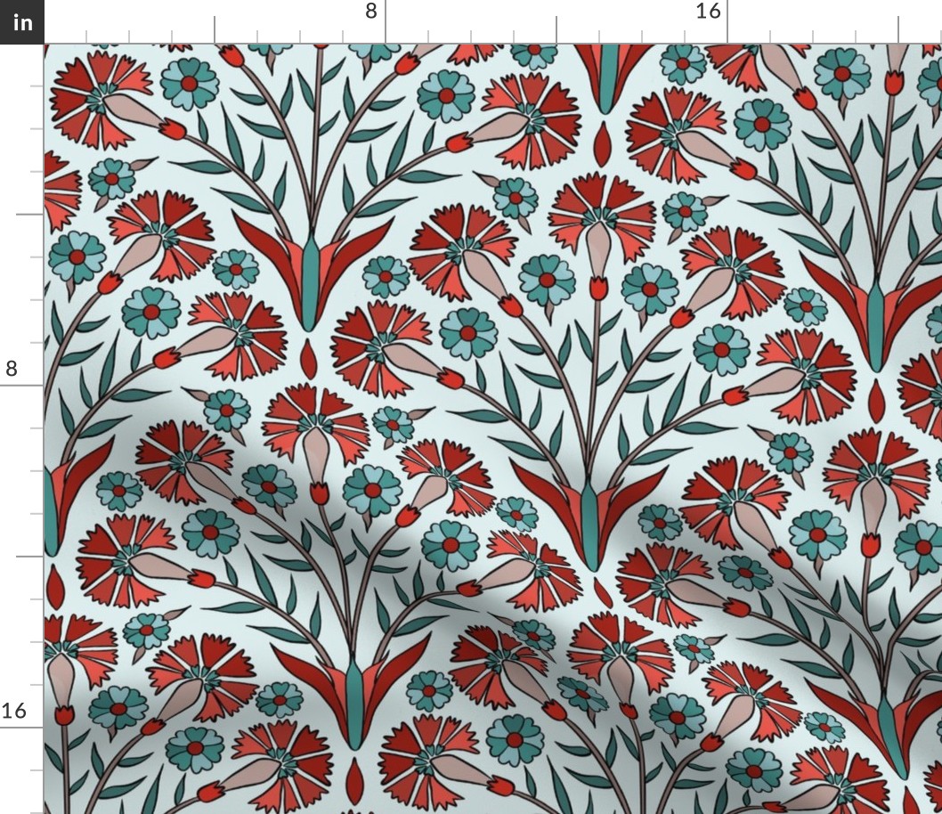 Art Deco Carnations in red, turquoise, turkish iznik, 12" 