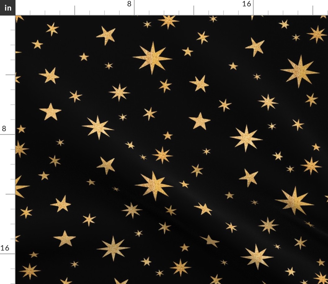 Gold Stars - Black Background - Shiny Star Pattern