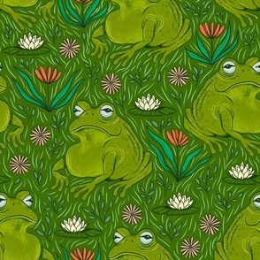 Medium - Leap Year Leap Frogs with Flowers - Dark Green  Background
