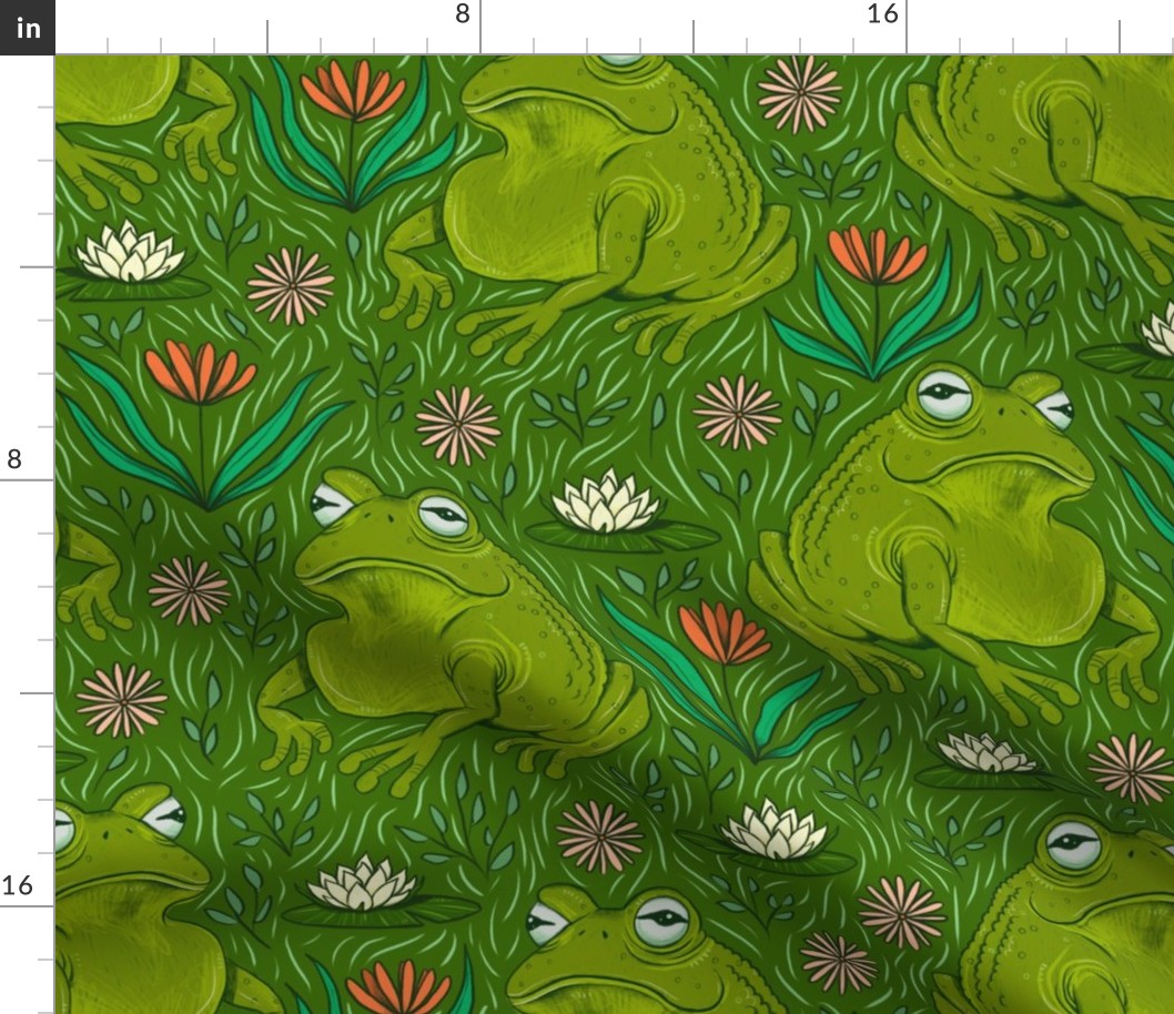 Medium - Leap Year Leap Frogs with Flowers - Dark Green  Background
