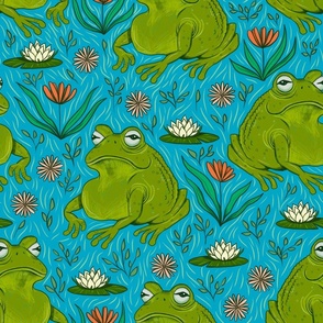 Medium - Leap Year Leap Frogs with Flowers - Blue  Background
