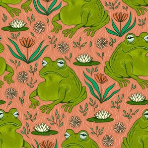 Medium - Leap Year Leap Frogs with Flowers - Coral  Background