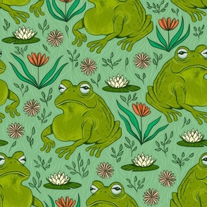 Medium - Leap Year Leap Frogs with Flowers - Light Green Background