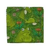 Large - Leap Year Leap Frogs with Flowers - Dark Green  Background