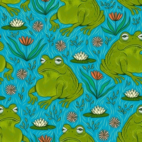 Large - Leap Year Leap Frogs with Flowers - Blue  Background