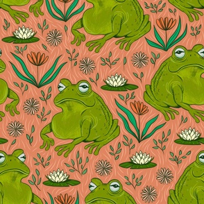 Large - Leap Year Leap Frogs with Flowers - Coral  Background