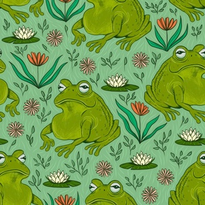 Large - Leap Year Leap Frogs with Flowers - Light Green Background