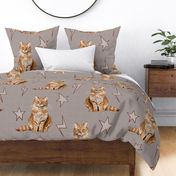 Large - Sweet Kitties - Orange Cats with Stars and Lightning Bolts on Tan Linen