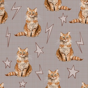 Large - Sweet Kitties - Orange Cats with Stars and Lightning Bolts on Tan Linen